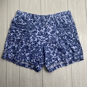 J Jill Women's Indigo Blue Floral Pull On Linen Blend Casual Shorts Size Large